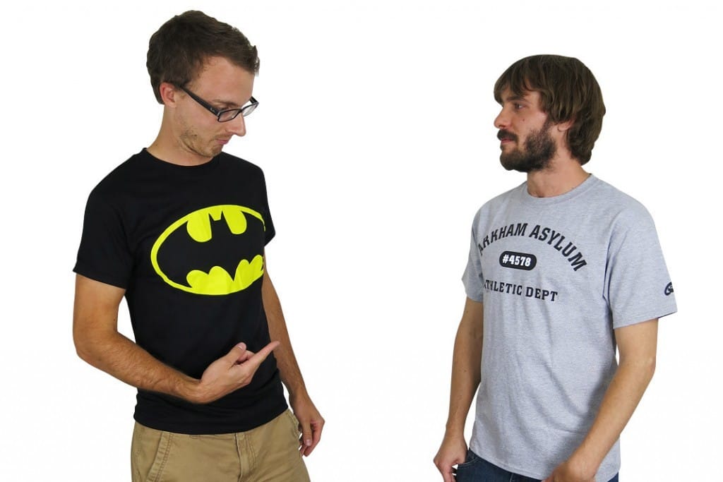 Batman Traditional Symbol T-Shirt, $18.99; Batman Arkham Asylum Athletic Dept. T-shirt, $21.99 