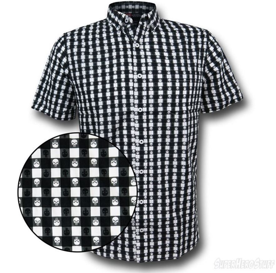 Punisher Plaid Symbol Men's Button Down Shirt!